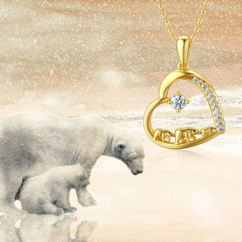 10K Gold Moissanite Polar Bear & Heart Pendant Necklace-3