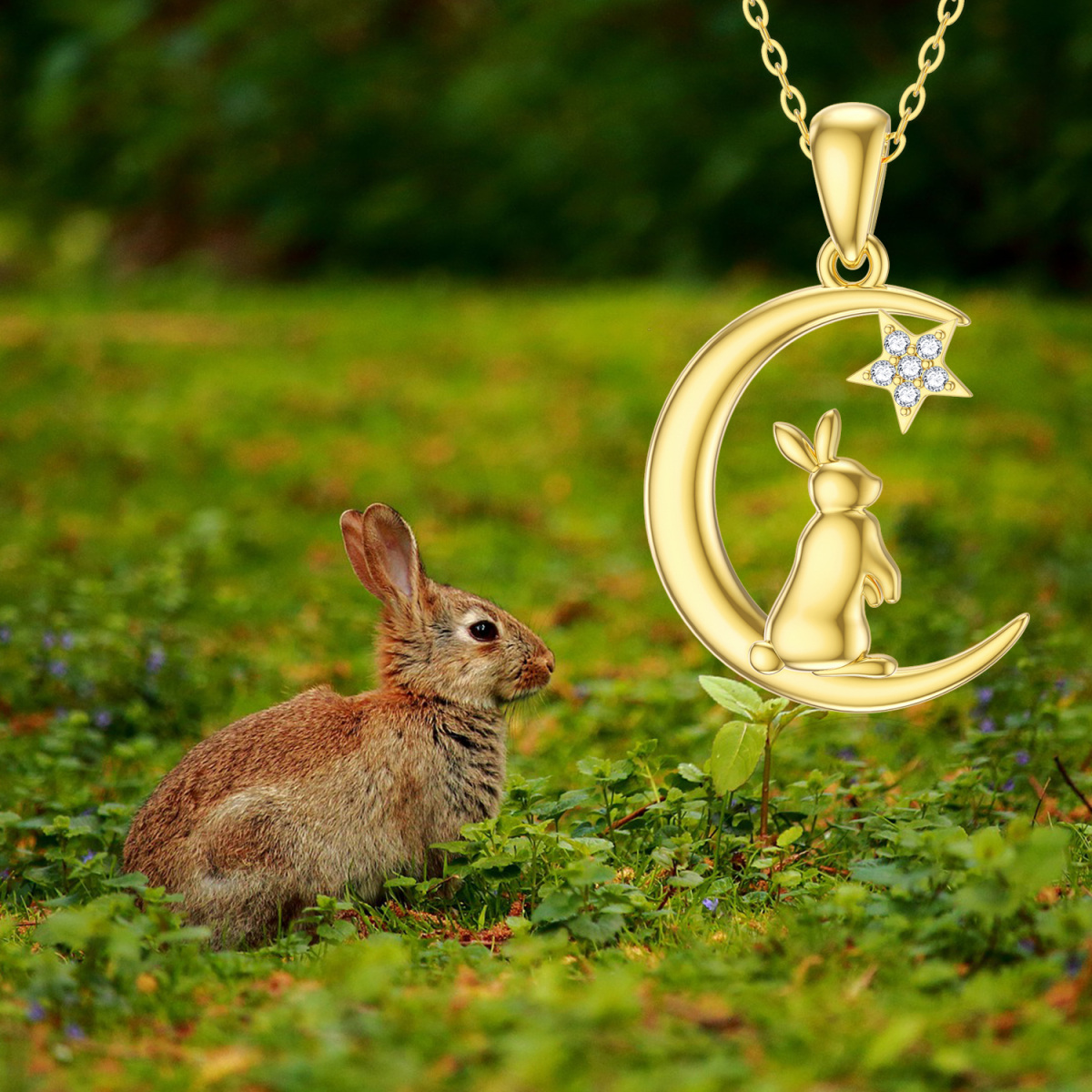 14K Gold Moissanite Rabbit Pendant Necklace-4