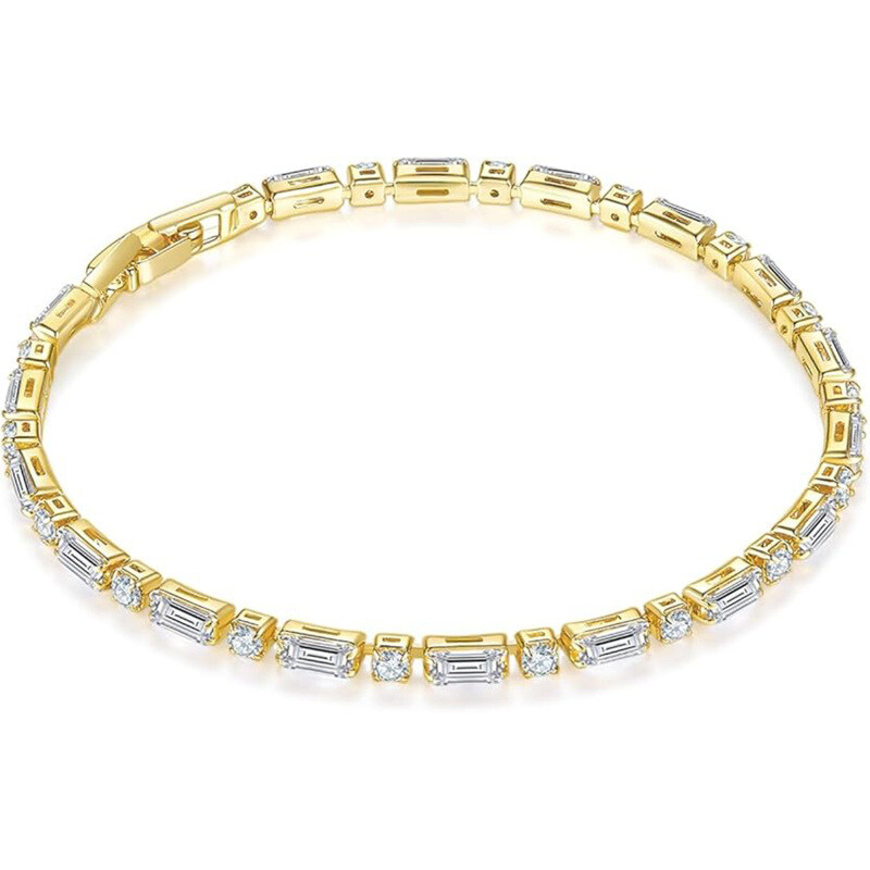 Pulseira de Tênis com Pedras Retangulares e Redondas em Moissanita e Ouro 14K-1