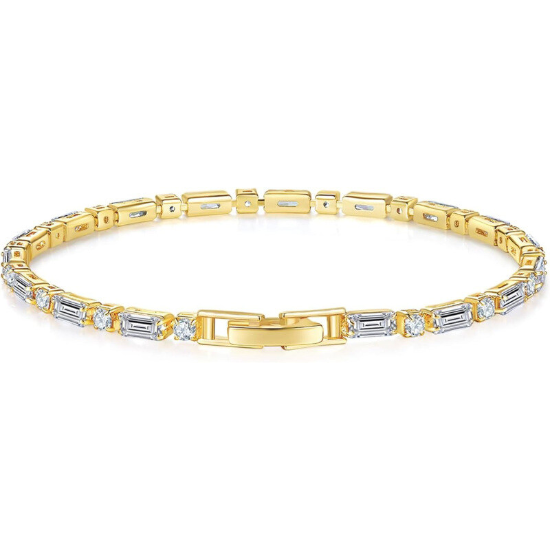 Pulseira de Tênis com Pedras Retangulares e Redondas em Moissanita e Ouro 14K-2