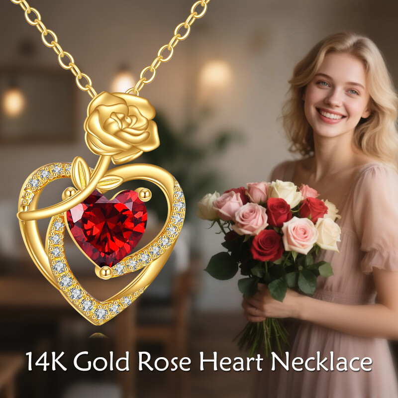 Collar con colgante de oro 14K y moissanita en forma de rosa y corazón-5