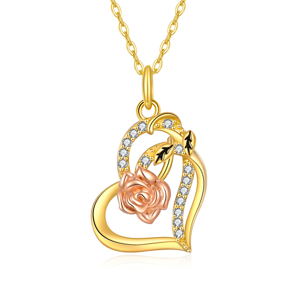 10K Gold Two-Stone Heart Moissanite Rose Pendant Necklace For Women Best Friends-1