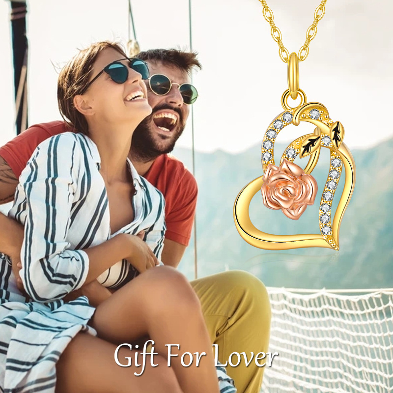 10K Gold Two-Stone Heart Moissanite Rose Pendant Necklace For Women Best Friends-5