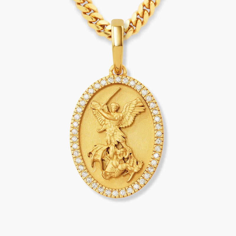 14K Gold Moissanite Saint Michael Pendant Necklace for Men-1