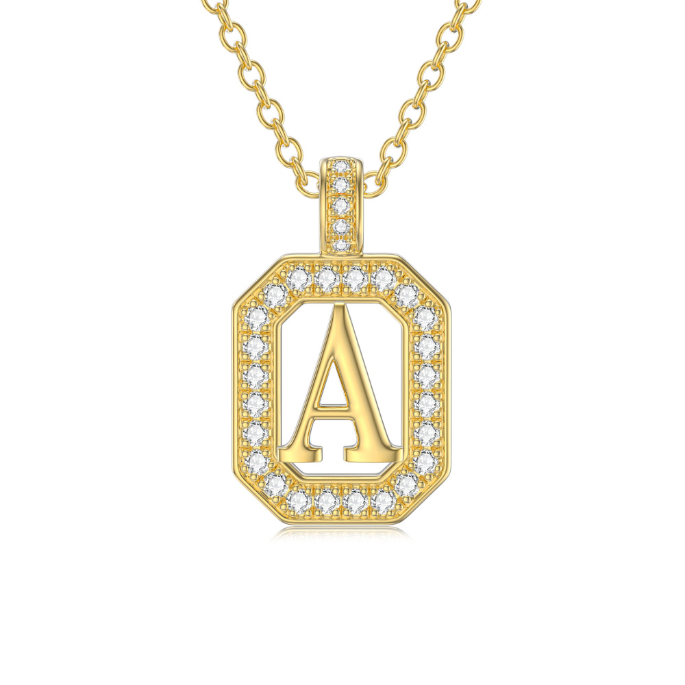 10K Gold Moissanite Square Pendant Necklace with Initial Letter A-1