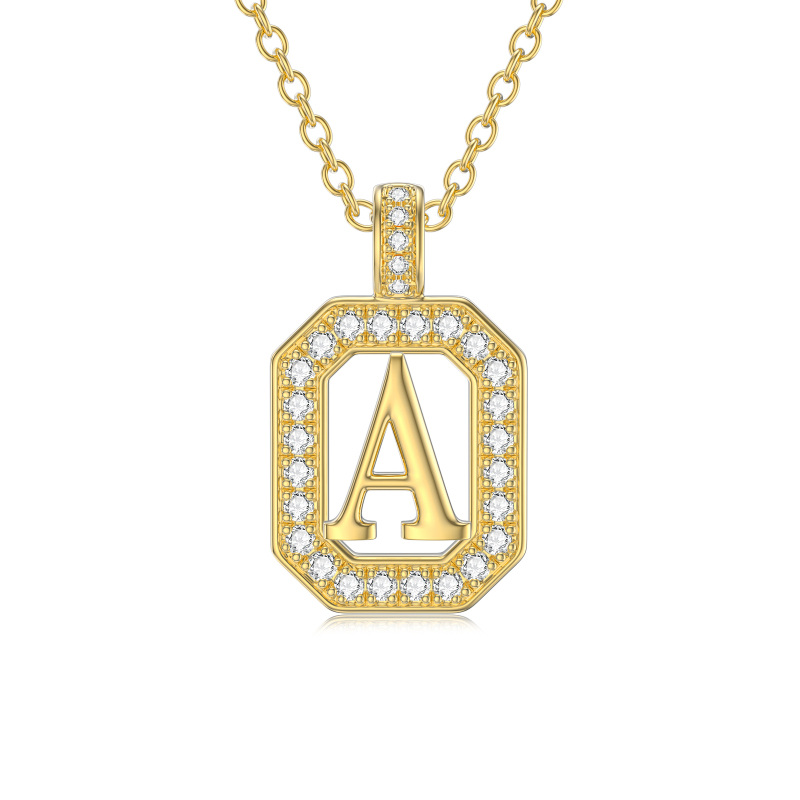 14K Gold Moissanite Square Pendant Necklace with Initial Letter A-1