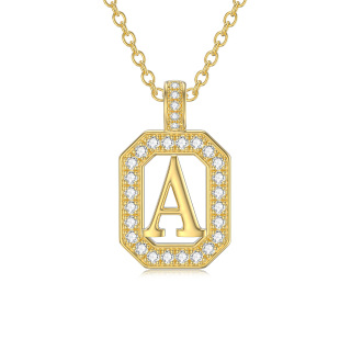 14K Gold Moissanite Square Pendant Necklace with Initial Letter A-18