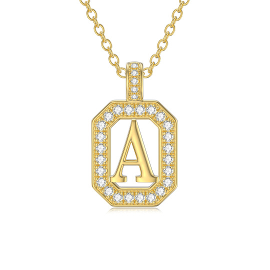 14K Gold Moissanite Square Pendant Necklace with Initial Letter A