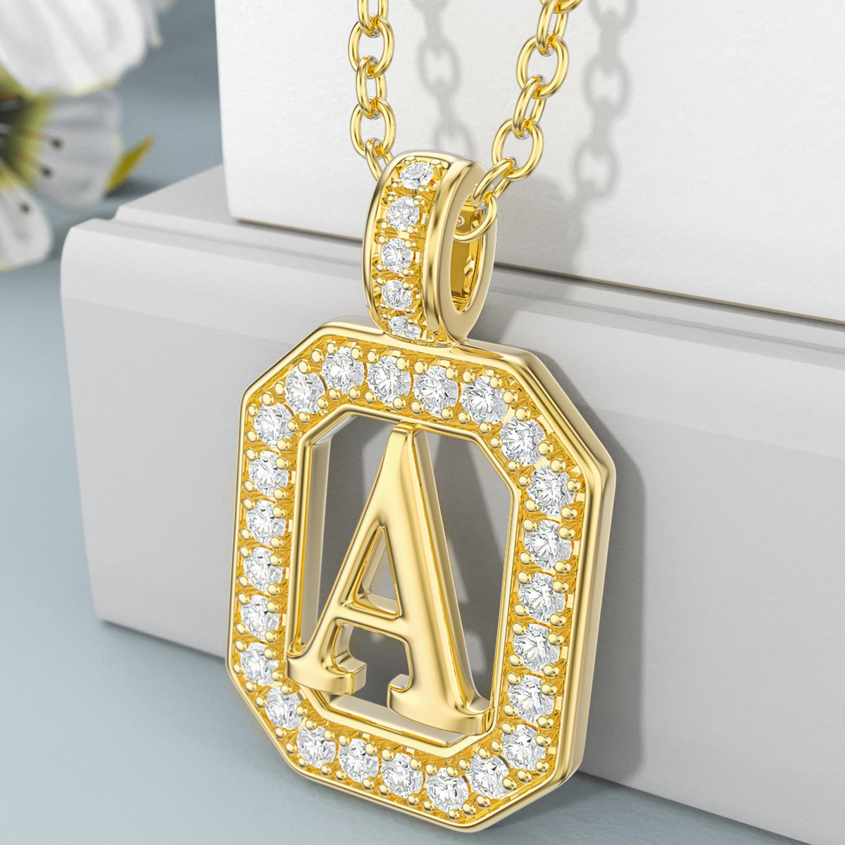 14K Gold Moissanite Square Pendant Necklace with Initial Letter A-3