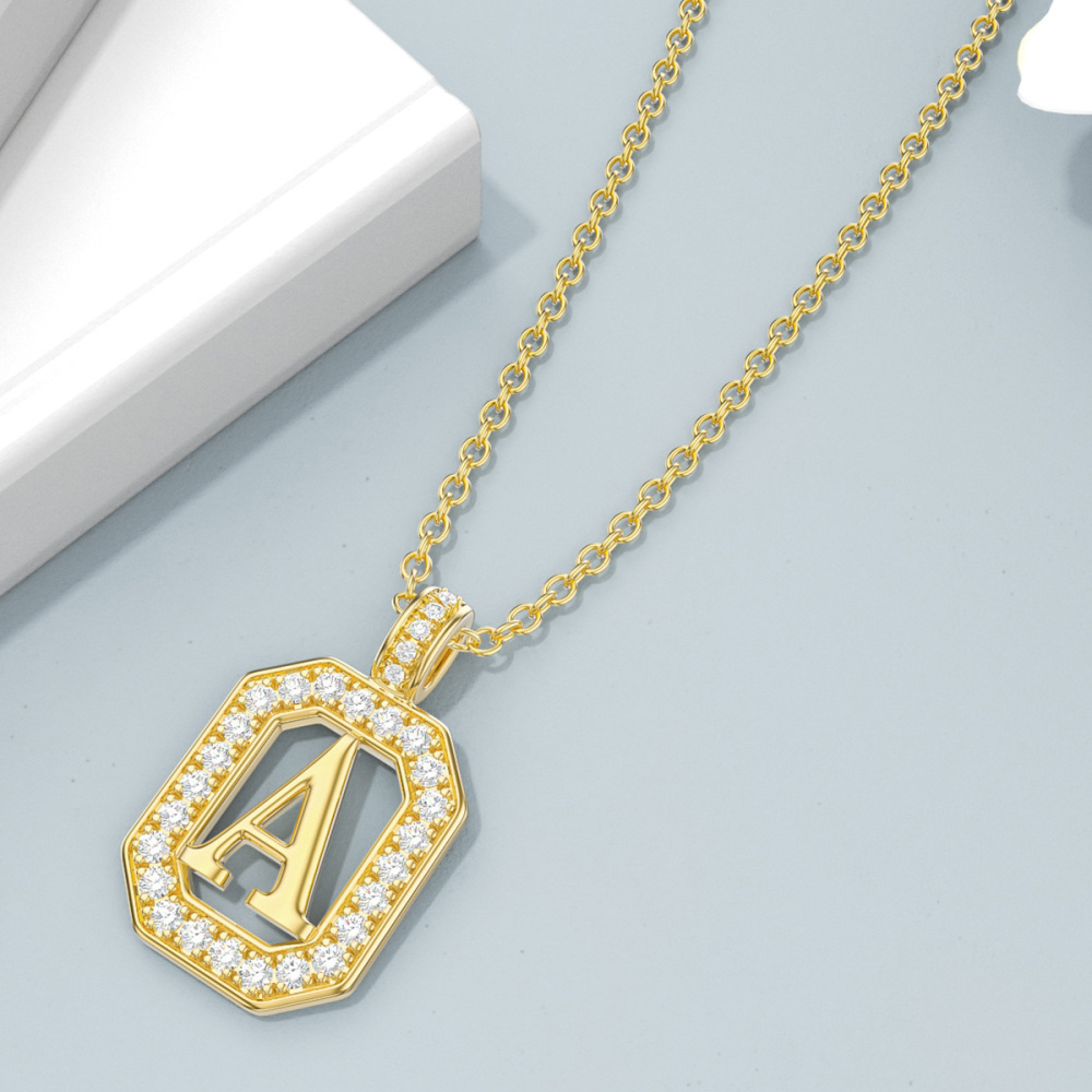 10K Gold Moissanite Square Pendant Necklace with Initial Letter A-4