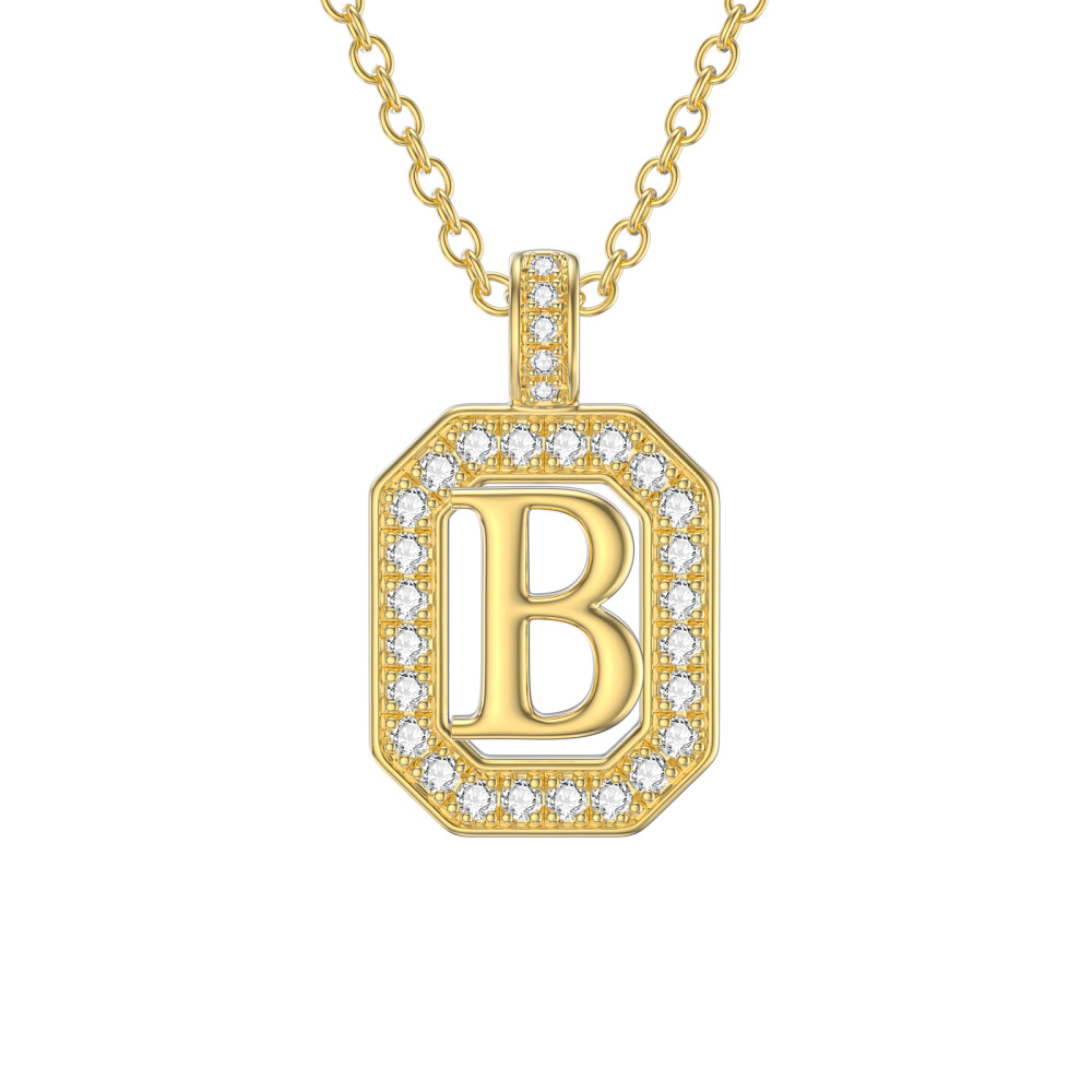 Collana con ciondolo quadrato in moissanite d'oro 10K con lettera iniziale B-1