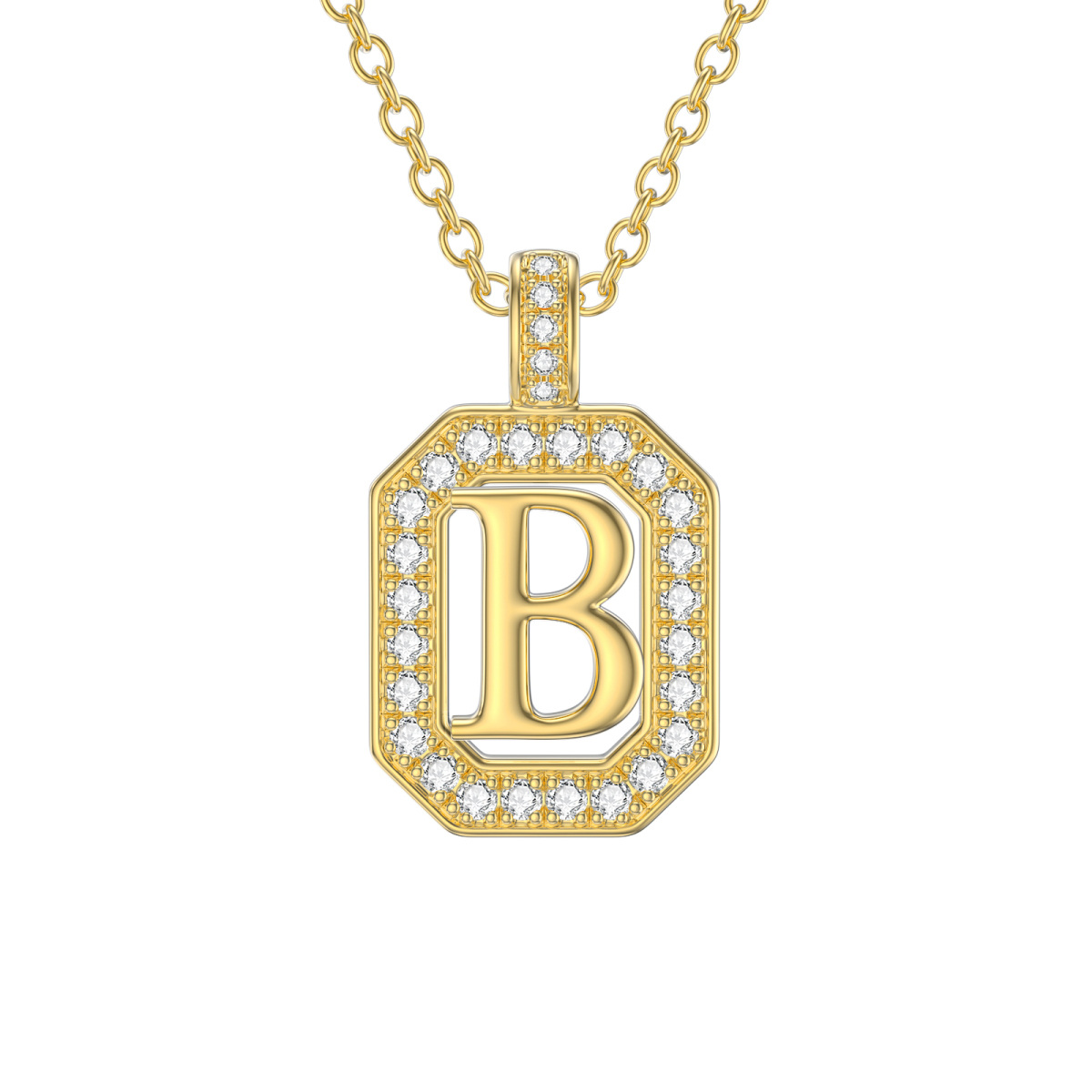 14K Gold Moissanite Square Pendant Necklace with Initial Letter B-1