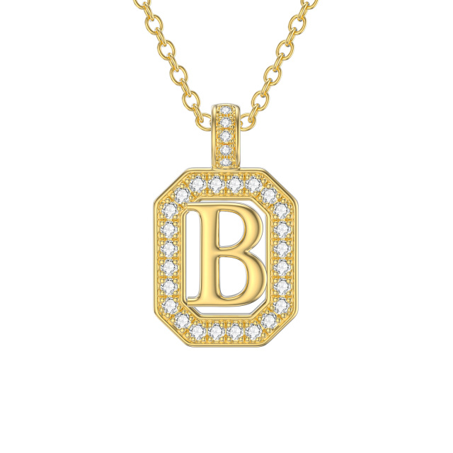 Collier pendentif carré en or 14K Moissanite avec lettre initiale B-1