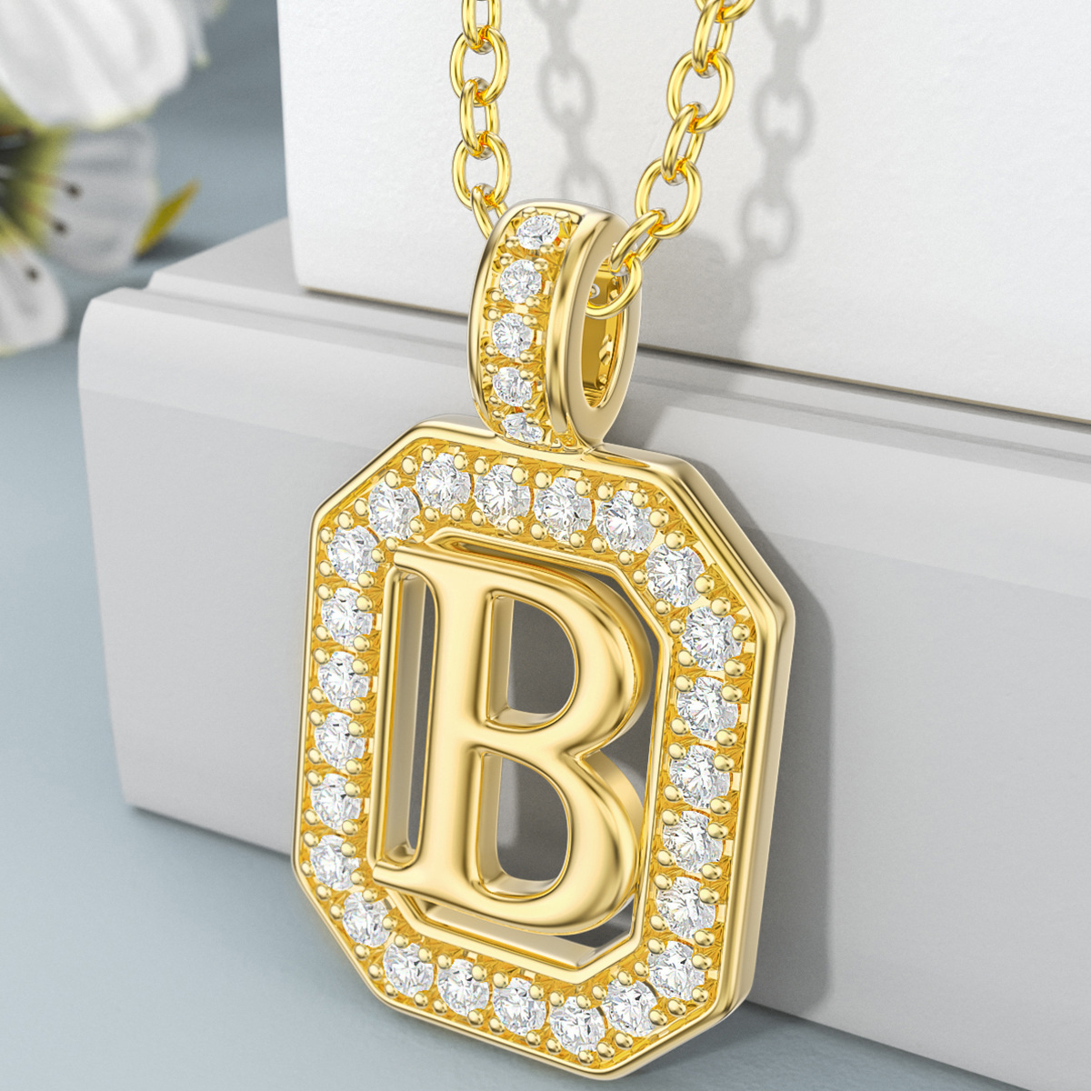 14K Gold Moissanite Square Pendant Necklace with Initial Letter B-3