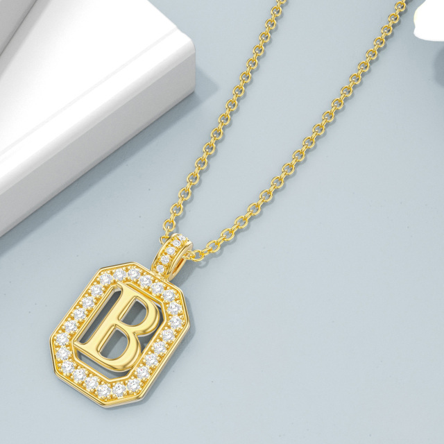 14K Gold Moissanite Square Pendant Necklace with Initial Letter B-4