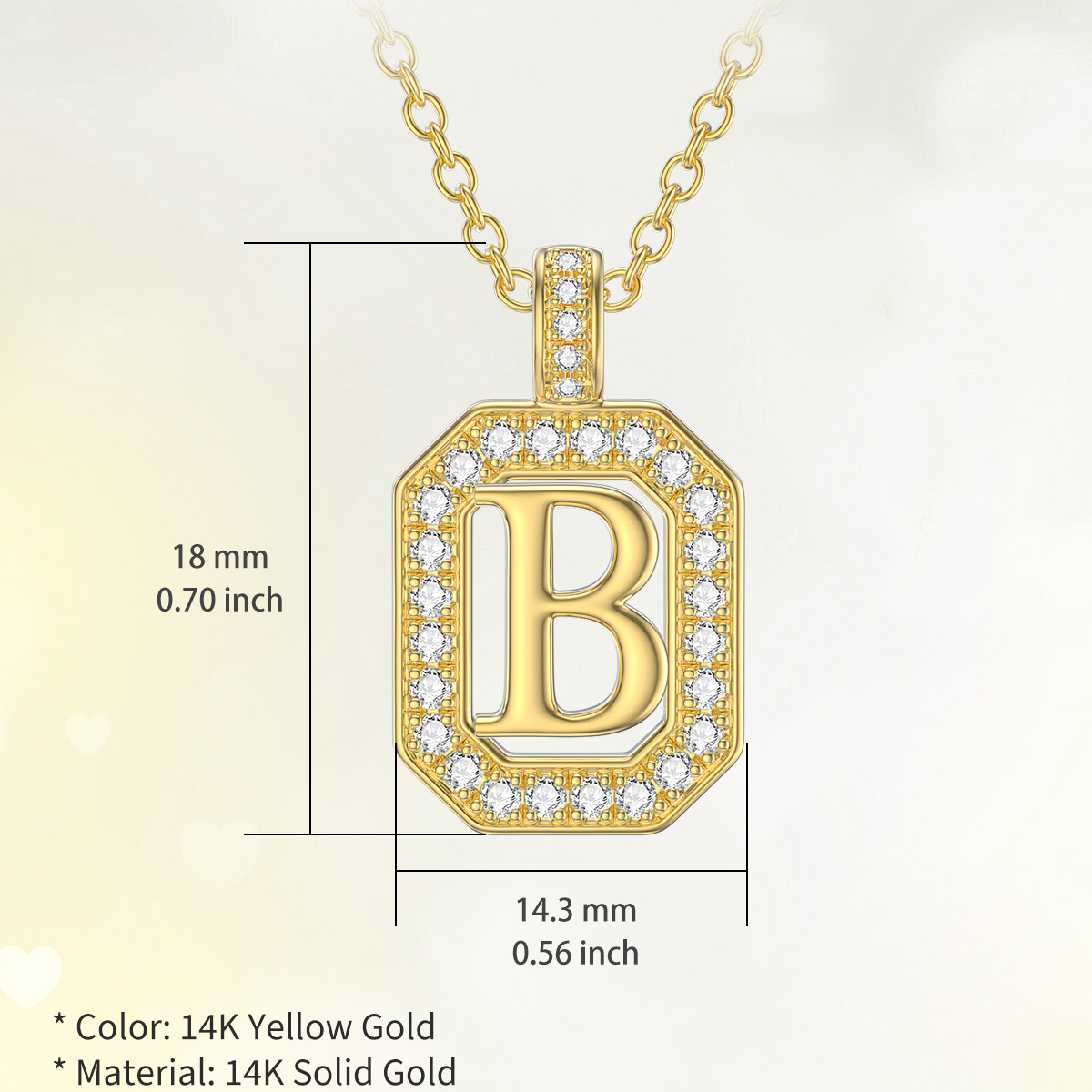 14K Gold Moissanite Square Pendant Necklace with Initial Letter B-5