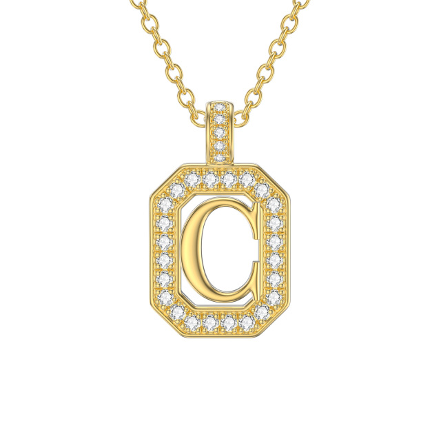 14K Gold Moissanite Square Pendant Necklace with Initial Letter C-1