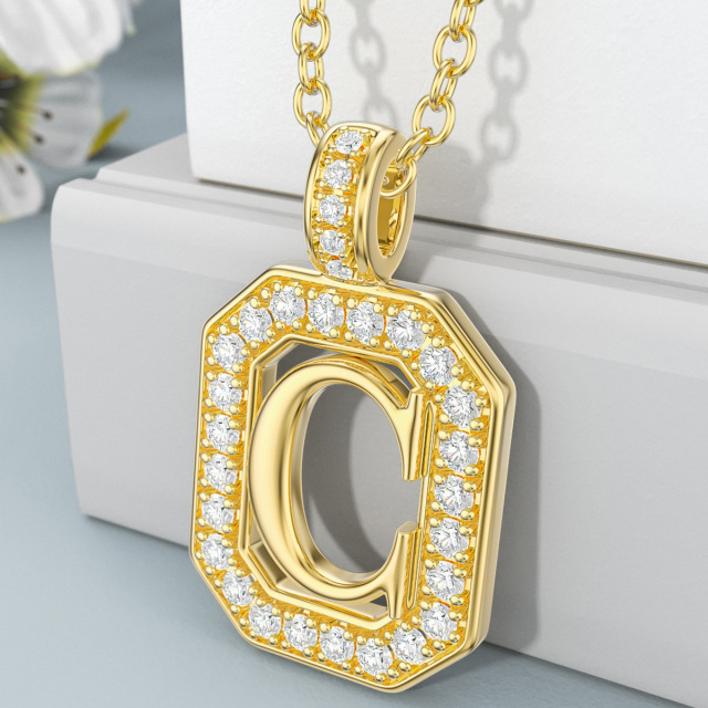 14K Gold Moissanite Square Pendant Necklace with Initial Letter C-3