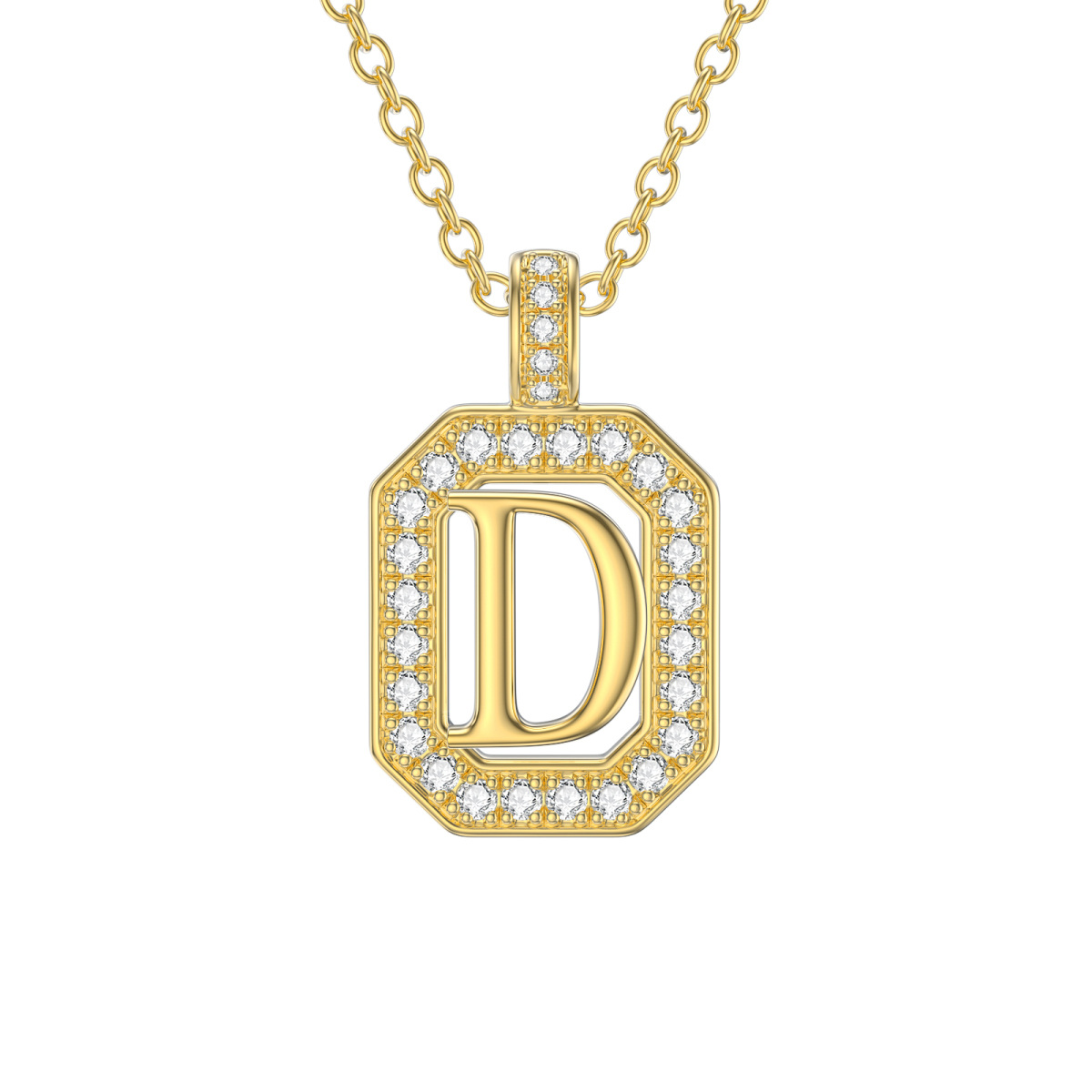 14K Gold Moissanite Square Pendant Necklace with Initial Letter D-1