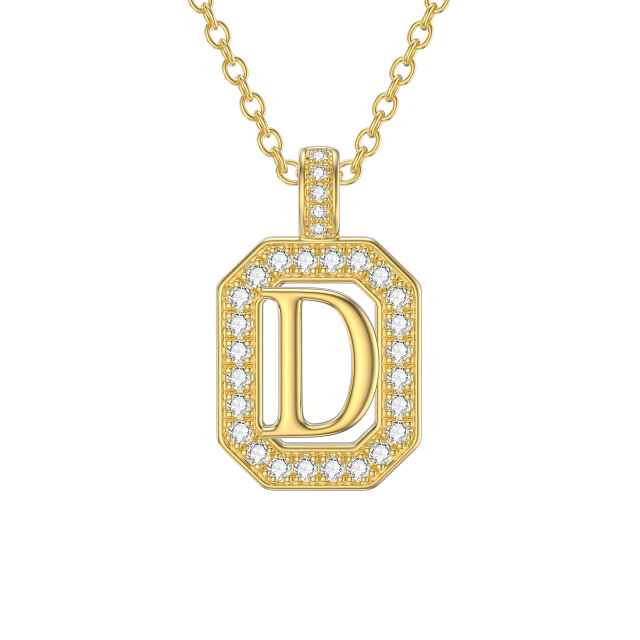 14K Gold Moissanite Square Pendant Necklace with Initial Letter D-1