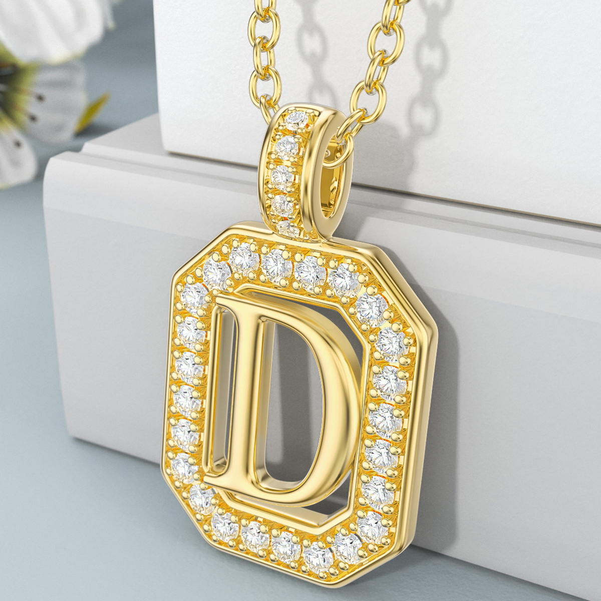 14K Gold Moissanite Square Pendant Necklace with Initial Letter D-3