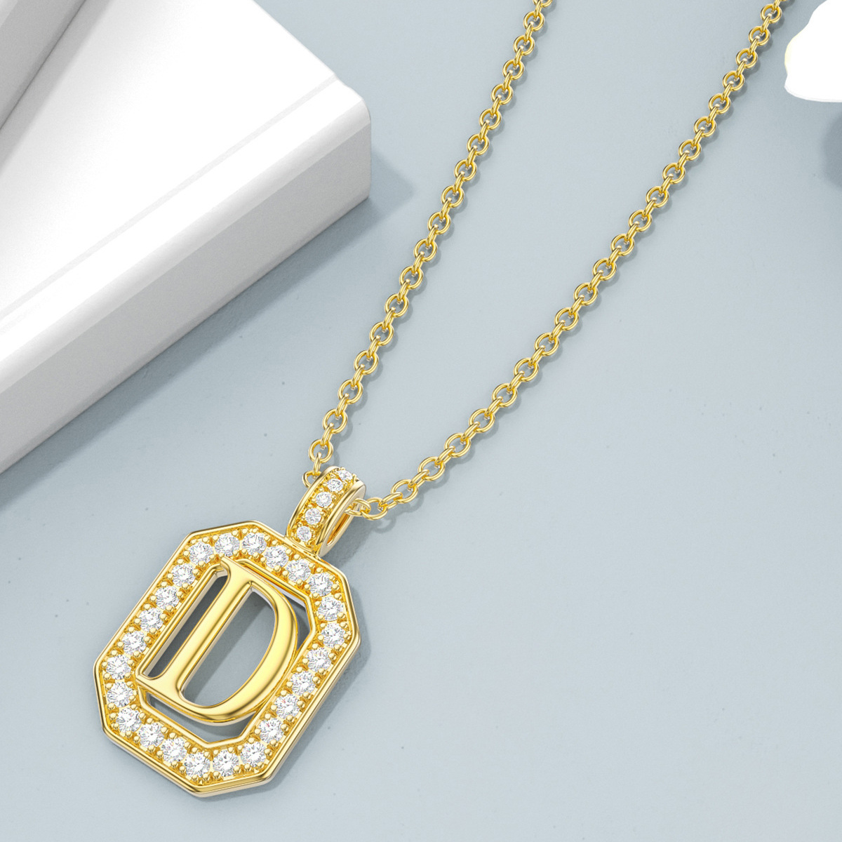 14K Gold Moissanite Quadratische Anhänger Halskette mit Initial Buchstabe D-4