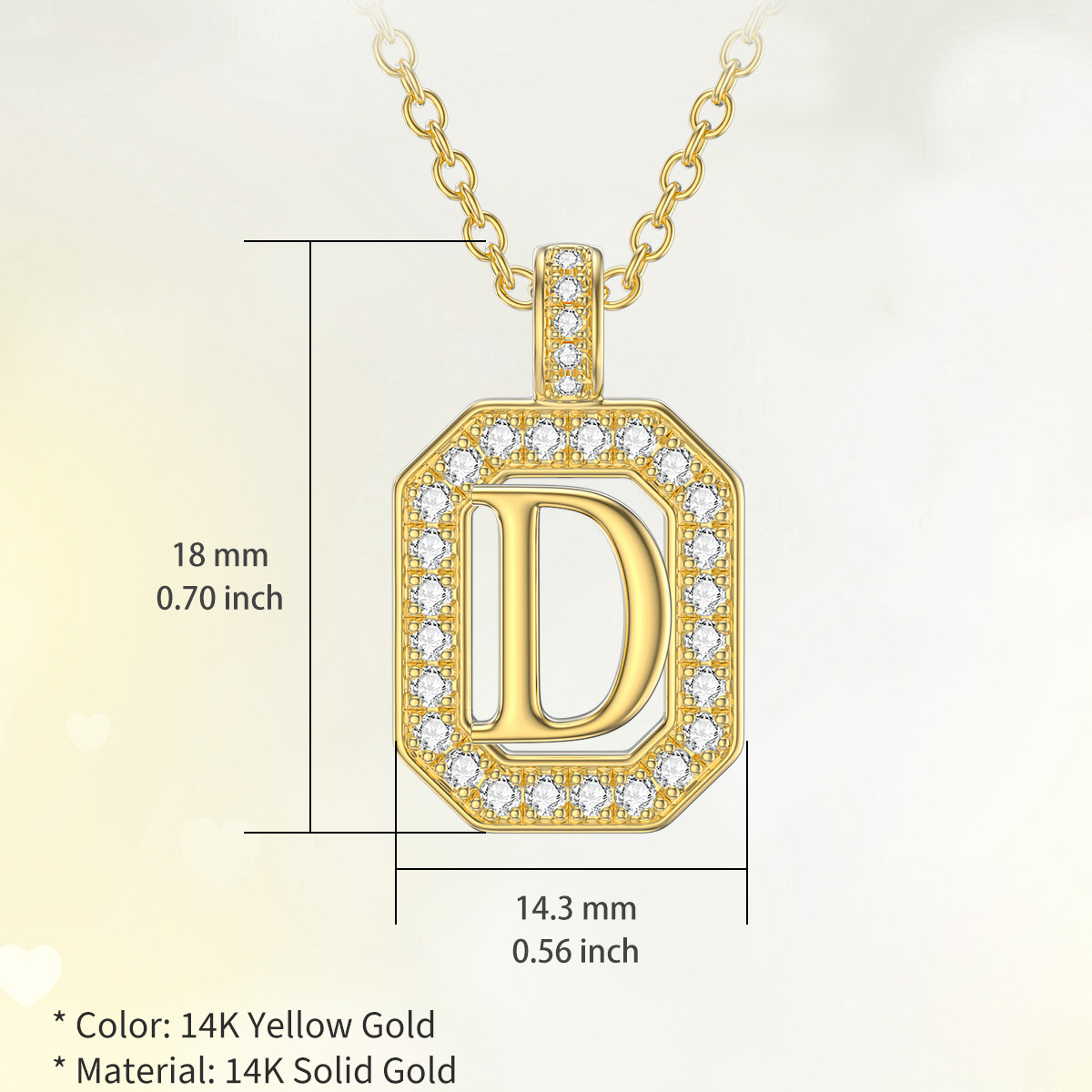 14K Gold Moissanite Square Pendant Necklace with Initial Letter D-5