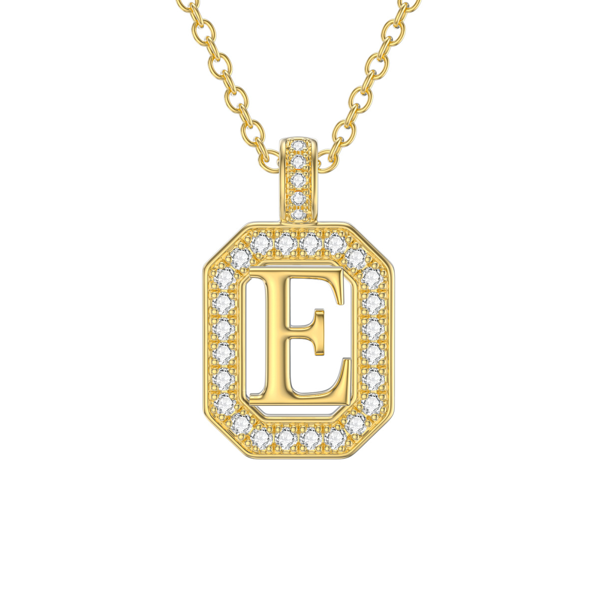 14K Gold Moissanite Square Pendant Necklace with Initial Letter E-1