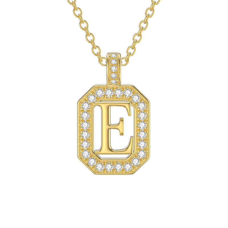10K Gold Moissanite Square Pendant Necklace with Initial Letter E-1