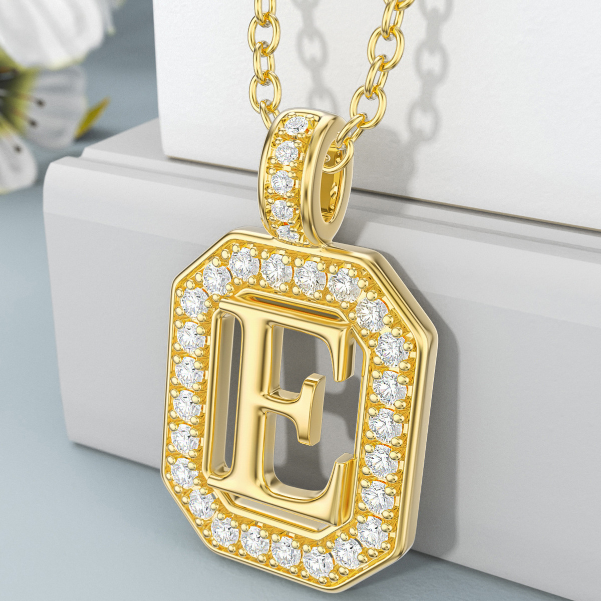 14K Gold Moissanite Square Pendant Necklace with Initial Letter E-3