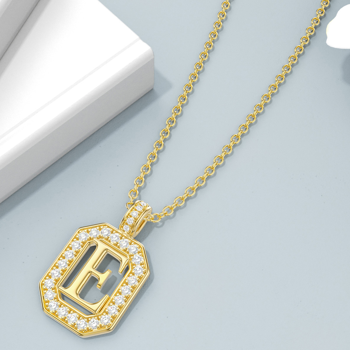 14K Gold Moissanite Square Pendant Necklace with Initial Letter E-4