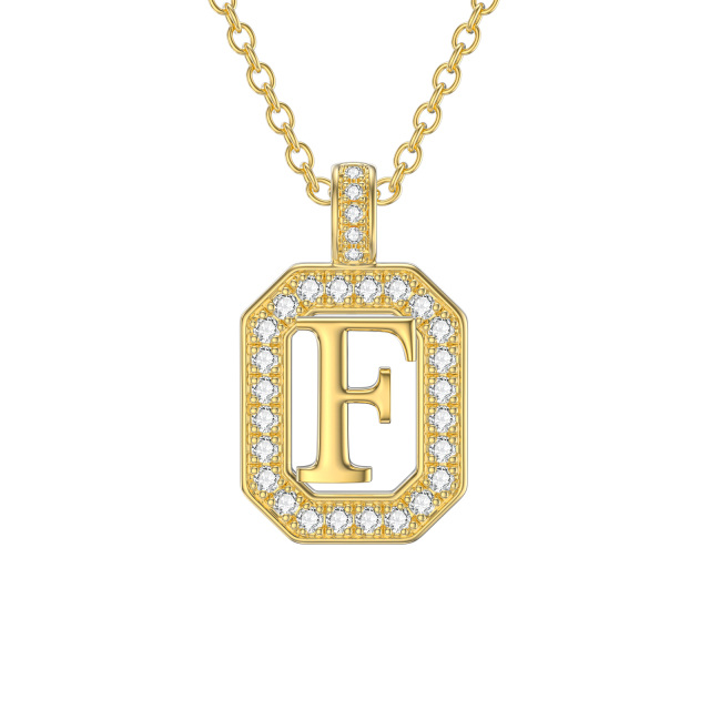 14K Gold Moissanite Square Pendant Necklace with Initial Letter F-1