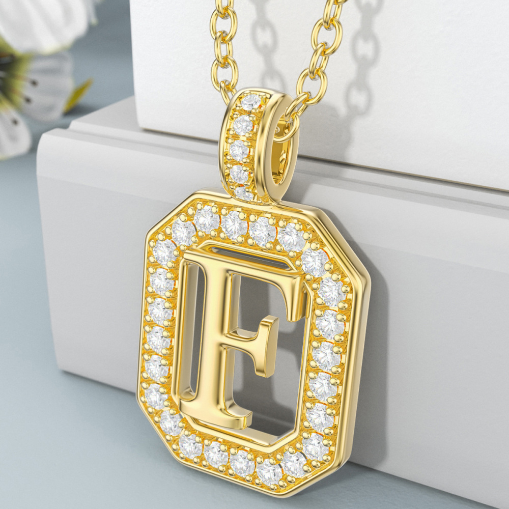 Collana con ciondolo quadrato in moissanite d'oro 18K con lettera iniziale F-3