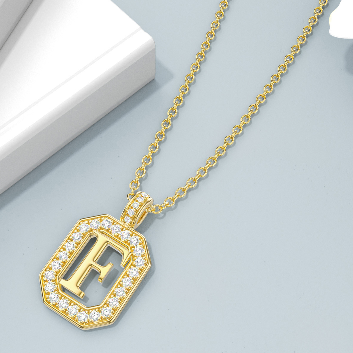 14K Gold Moissanite Quadratische Anhänger Halskette mit Initial Buchstabe F-4