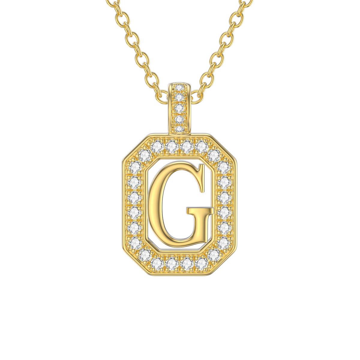 14K Gold Moissanite Square Pendant Necklace with Initial Letter G-1