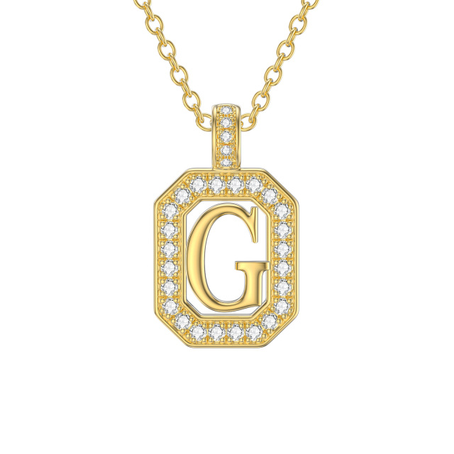 14K Gold Moissanite Square Pendant Necklace with Initial Letter G-1