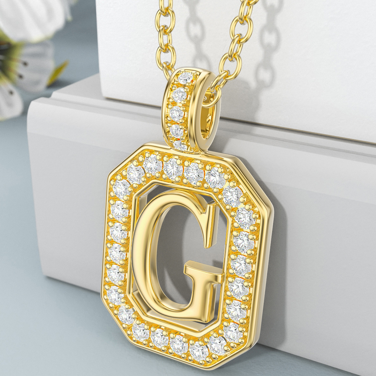 14K Gold Moissanite Square Pendant Necklace with Initial Letter G-3