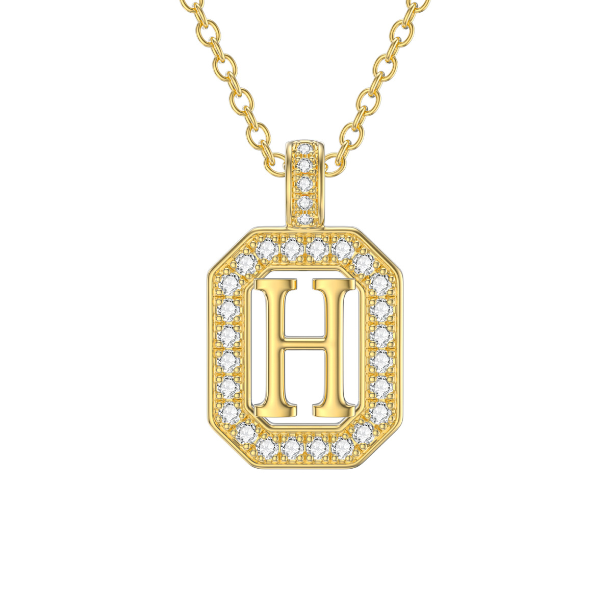 14K Gold Moissanite Square Pendant Necklace with Initial Letter H-1