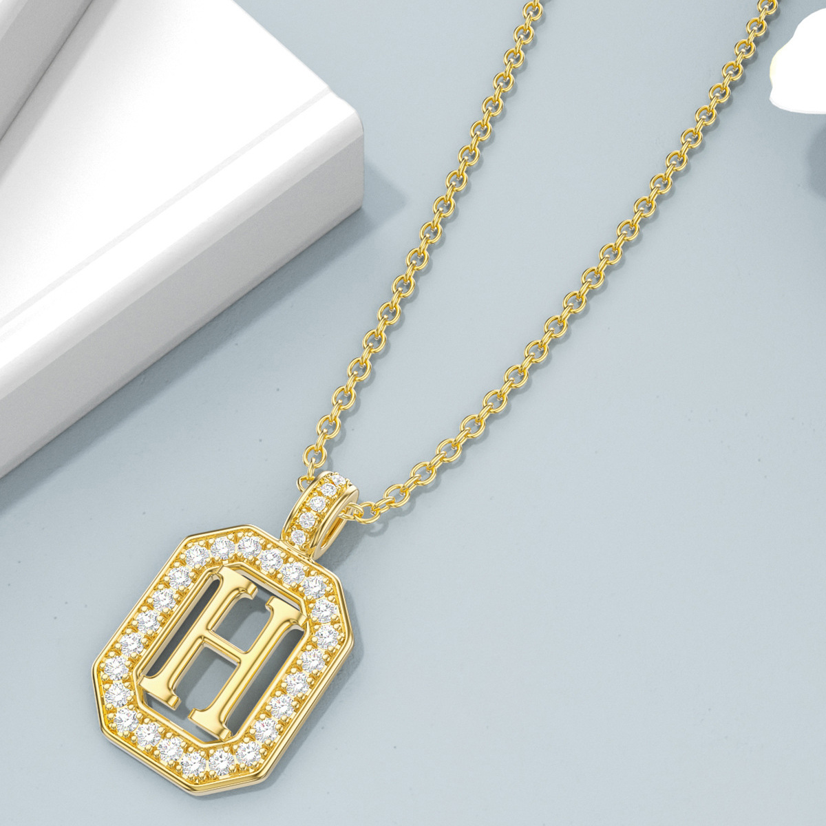 14K Gold Moissanite Square Pendant Necklace with Initial Letter H-4