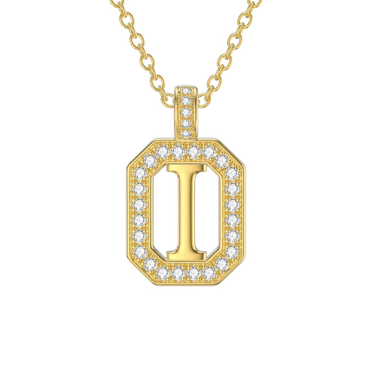 14K Gold Moissanite Square Pendant Necklace with Initial Letter I-1