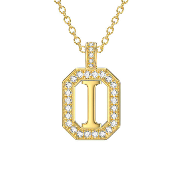 14K Gold Moissanite Square Pendant Necklace with Initial Letter I-1