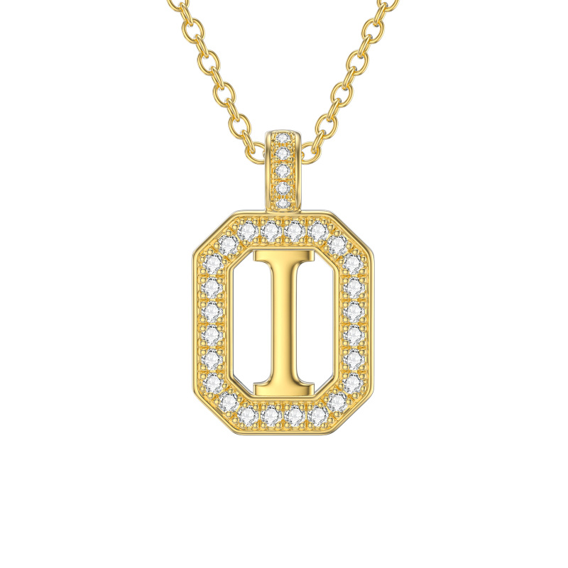 10K Gold Moissanite Square Pendant Necklace with Initial Letter I-1