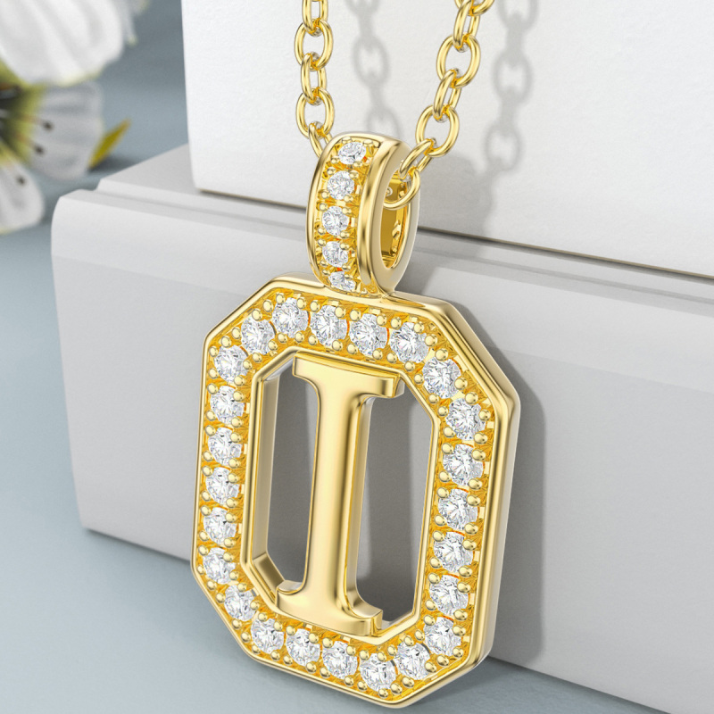 10K Gold Moissanite Square Pendant Necklace with Initial Letter I-3