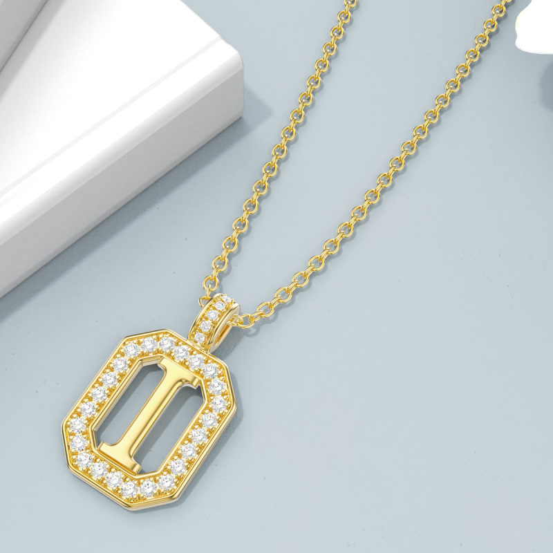 10K Gold Moissanite Square Pendant Necklace with Initial Letter I-4