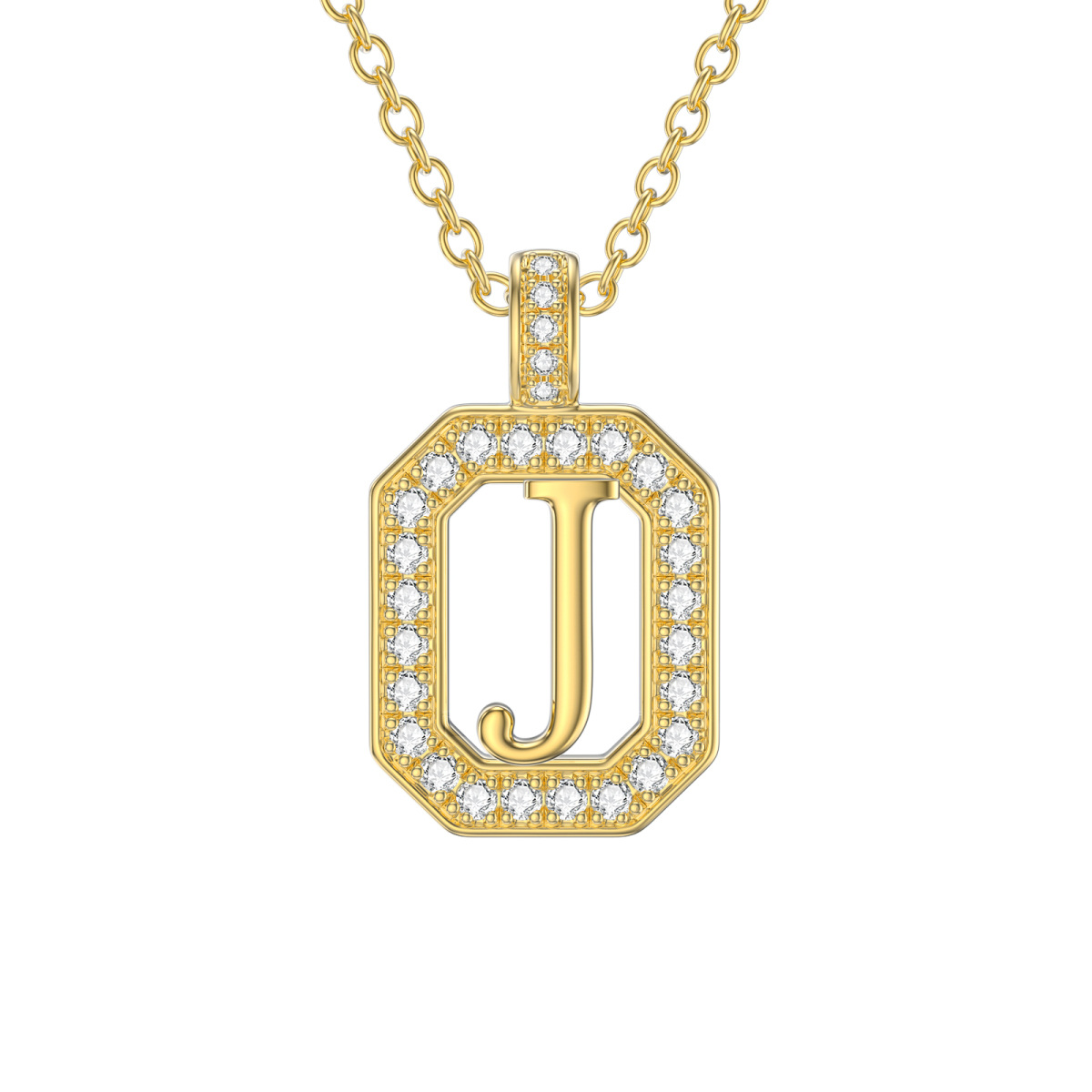 Collana con ciondolo quadrato in moissanite d'oro 14K con lettera iniziale J-1