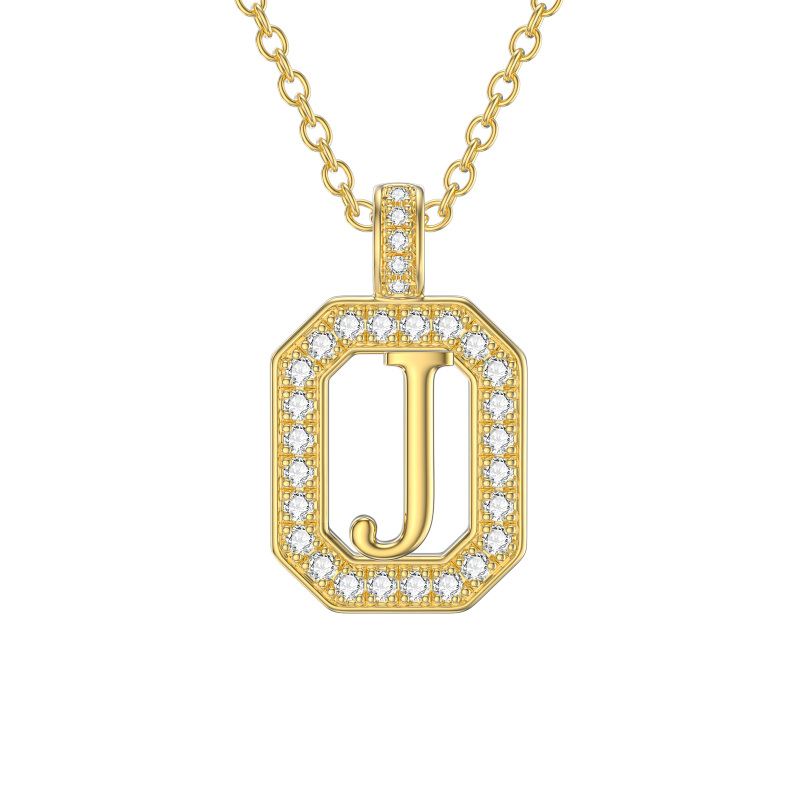 18K Gold Moissanite Square Pendant Necklace with Initial Letter J-1