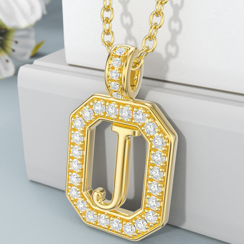 18K Gold Moissanite Square Pendant Necklace with Initial Letter J-3