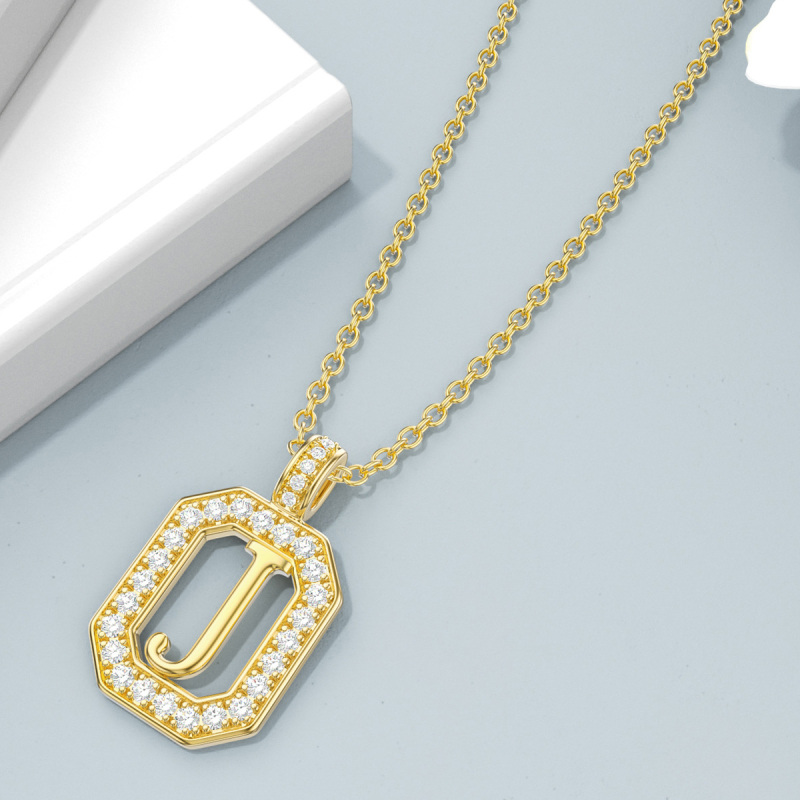 18K Gold Moissanite Square Pendant Necklace with Initial Letter J-4
