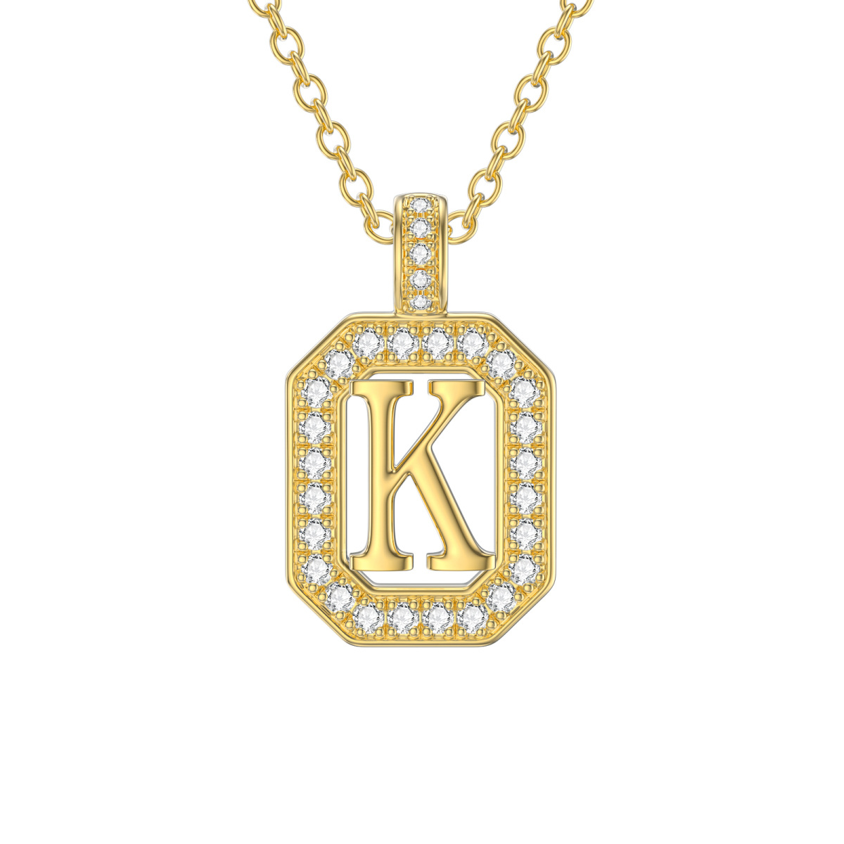 14K Gold Moissanite Square Pendant Necklace with Initial Letter K-1