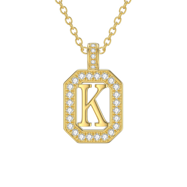 14K Gold Moissanite Square Pendant Necklace with Initial Letter K-1